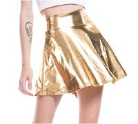 NSICBMNO Gold Mini Skirts for Women UK Sexy Pleated Skirt Shiny Metallic Skirt Flared Skater Wet Look Short High Waist A Line Festival Rave Outfit for Disco Dance Party Clubwear