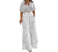 NSICBMNO Gray 2 Piece Outfits Women Summer Co Ord Sets Floral Trousers Short Sleeve Blouses Crop Tops Lounge Sets Boho Wide Leg Trousers V Neck Shirt Travel Outfit Airport Set For Holiday Beach