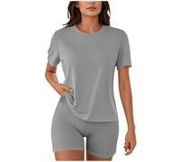 NSICBMNO Gray 2 Piece Outfits Women Summer Co Ord Sets Short Sleeve Gym Tops Workout Tshirt Cycling Shorts Lounge Sets Slim Fit Tracksuit Round Neck T Shirt Athletic Shorts Travel Outfits Activewear