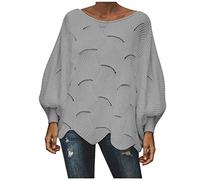 NSICBMNO Gray Batwing Jumper for Women UK Plus Size Crochet Oversized Round Neck Sweater Long Sleeve Tops Slouch Lightweight Knit Pullover Casual Streetwear