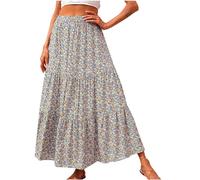 NSICBMNO Gray Boho Skirts for Women UK Midi Skirts Elasticated Waist Summer Long Floral Pleated A Line Skirt Tiered Flared Casual for Beach Holiday
