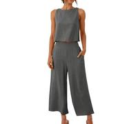 NSICBMNO Gray Co Ord Sets For Women 2 Piece Linen Travel Outfit Cropped Tank Tops Y2K Wide Leg Trousers Summer Outfits Lounge Sets Sleeveless Crop Tops Palazzo Pants Casual Tracksuits With Pockets