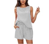 NSICBMNO Gray Co Ord Sets For Women Summer 2 Piece Outfits Sleeveless Tank Top Matching Shorts Sets Striped Tracksuit Round Neck Vests Drawstring Shorts Casual Outfits For Holiday Beach Streetwear