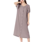 NSICBMNO Gray Cotton Dressing Gowns For Women Uk Lightweight Housecoats Button Up Nighties Short Sleeve Pyjamas Nightwear Long Nightgowns Open Front Nightdress Soft Bath Robes Sleepwear Loungewear