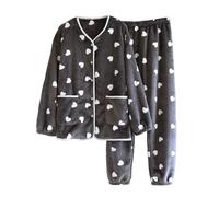 NSICBMNO Gray Fleece Pyjamas Women Button Up Pjs Fluffy Cardigan Ruffle Blouses Straight Leg Trousers 2 Piece Outfits Winter Loungewear Sets Long Sleeve Shirts Thermal Pj Bottoms Cozy Warm Pyjamas