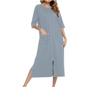 NSICBMNO Gray Long Nighties For Women Zip Dressing Gowns Lightweight Bathrobes Summer Pyjamas Short Sleeve Nightdresses Nightgowns Soft Nighties Nightwear Housecoats Nightdresses With Pockets