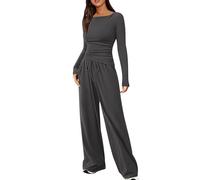 NSICBMNO Gray Lounge Sets For Women Two Piece Outfit Co Ord Sets Long Sleeve Crop Top Slim Fit T Shirt Elastic Waist Trousers Wide Leg Joggers Airport Travel Outfit Jogging Suits Casual Track Suit
