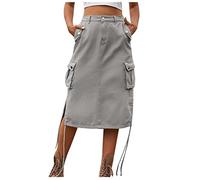 NSICBMNO Gray Midi Skirts for Women UK Long Cargo Skirts with Pockets Knee Length Pencil Summer Casual Y2K High Waisted Jeans A Line Side Split Streetwear