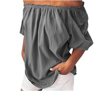 NSICBMNO Gray Off The Shoulder Tops for Women Short Sleeve Blouses Plus Size Cotton Linen Casual Oversized Tunic Top Baggy T Shirts Ruched Summer Tops Loose Blouses for Going Out Y2K Holiday Beach