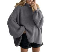 NSICBMNO Gray Oversized Jumper Women Batwing Tops Knitted Jumpers Mock Neck Sweatshirt Long Tunic Tops Ribbed Knit Sweater Long Sleeve Baggy Sweaters Pullover Casual Blouses Y2K Streetwear