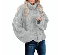 NSICBMNO Gray Roll Neck Jumpers for Women UK Cable Knit Jumper Oversized Sweater Long Sleeve Tunic Tops Baggy Sweatshirt Polo Neck Tops Knitted Sweater Pullover Casual Sweatshirts Loose Blouses
