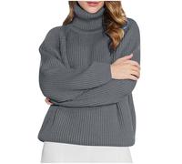 NSICBMNO Gray Roll Neck Jumpers for Women UK Oversized Knitted Jumper Ribbed Sweater Long Sleeve Tops Ladies Ribbed Polo Neck Jumpers Chunky Knit Sweater Baggy Sweatshirt Tunic Blouses Plus Size
