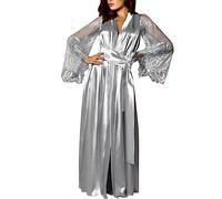 NSICBMNO Gray Satin Dressing Gown For Women Long Dressing Gown Silk Kimono Robes Lightweight Housecoats Elegant Robes Full Length Bath Lace Nightwear Bride With Belt Sleepwear
