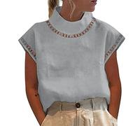 NSICBMNO Gray Summer Tops for Women UK Linen Blouses Casual High Neck Tops Cap Sleeve Oversized Tshirts Hollow Out Lace Top Zip Back Blouse Baggy T Shirts Loose Blouses for Office Work Going Out