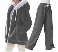 NSICBMNO Gray Tracksuit Womens Full Set Winter 2 Piece Outfits Fluffy Trousers Fleece Jacket With Faux Fur Hood Co Ord Sets Oversized Zip Up Hoodie Wide Leg Joggers Fleece Lounge Sets Jogging Suits