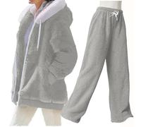 NSICBMNO Gray Tracksuit Womens Full Set Winter 2 Piece Outfits Fluffy Trousers Fleece Jacket With Faux Fur Hood Co Ord Sets Oversized Zip Up Hoodie Wide Leg Joggers Fleece Lounge Sets Jogging Suits