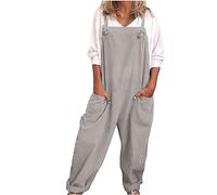 NSICBMNO Gray Women's Dungarees Summer Wide Leg Linen Jumpsuit Harem Dungarees Boho Romper Square Neck Playsuit Bib Pants All In One Jumpsuits Baggy Trousers Long Playsuit Beach Romper With Pocket
