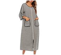 NSICBMNO Gray Zip Dressing Gowns For Women Uk Striped Pyjamas Lightweight Bath Robes Short Sleeve Nighties Long Nightgowns Soft Dressing Gown Nightwear Ladies Nighties With Pockets Homewear