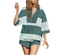 NSICBMNO Green 2 Piece Outfits Women Summer Lounge Sets Shorts Co Ord Sets Striped Tracksuit Half Zip Sweatshirt Oversized T Shirts Gym Shorts Travel Outfit Airport Set For Tennis Yoga Casual Beach