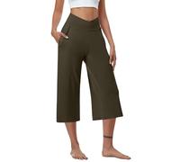 NSICBMNO Green 3/4 Trousers for Women UK with Pockets Wide Leg Yoga Pants Crossover Flared Leggings Loose Fitting Capri Pants Baggy Sweatpants Summer Cropped Joggers Casual Trousers