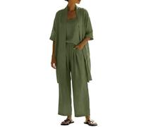 NSICBMNO Green Airport Outfits For Women 2026 3 Piece Outfits Elegant Lounge Sets Long Cardigans Round Neck Camisole Tops Wide Leg Trousers Cotton Linen Co Ord Sets Summer Beach Holiday Outfts