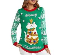 NSICBMNO Green Christmas Jumpers for Women Knitted Jumper Cat Christmas Jumper Fairisle Sweater Funny Xmas Jumpers Red and Green Sweater Long Sleeve Tunic Tops Crew Neck Sweatshirt Sequin Tops