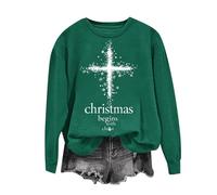 NSICBMNO Green Christmas Jumpers For Women Novelty Jumper Oversized Pullover Sweatshirts Christmas Begins With Christ Sweatshirt Cross Jumper Religious Tops Long Sleeve Tops Cute Winter Jumpers