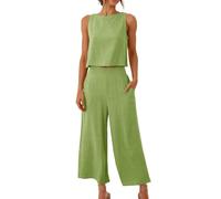NSICBMNO Green Co Ord Sets For Women 2 Piece Linen Travel Outfit Cropped Tank Tops Y2K Wide Leg Trousers Summer Outfits Lounge Sets Sleeveless Crop Tops Palazzo Pants Casual Tracksuits With Pockets