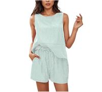 NSICBMNO Green Co Ord Sets For Women Summer 2 Piece Outfits Sleeveless Tank Top Matching Shorts Sets Striped Tracksuit Round Neck Vests Drawstring Shorts Casual Outfits For Holiday Beach Streetwear