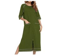 NSICBMNO Green Cotton Nighties For Women Zip Up Dressing Gowns Knee Length Pyjamas With Pockets Ladies Long Zipped Bathrobes Lightweight Housecoat Half Sleeve Night Dress Loungewear Sleepwear