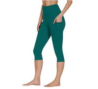 NSICBMNO Green Cropped Trousers for Women UK 3/4 Gym Leggings with Pockets Capri Pants High Waisted Tummy Control Yoga Pants Butt Lifting Workout Leggings Lightweight Jogging Bottoms Activewear