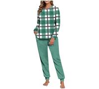 NSICBMNO Green Fluffy Pyjamas Women Winter 2 Piece Outfits Plaid Pjs Fleece Lounge Wear Sets Oversized Jumper Baggy Trousers With Pockets Long Sleeve Thermal Top Cuffed Pj Bottoms Cozy Pyjamas Sets
