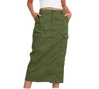 NSICBMNO Green Ladies Denim Skirts Long Cargo Skirts with Pockets Womens Elasticated Waist Drawstring Maxi Denim Y2K Casual Straight Long Jeans Streetwear