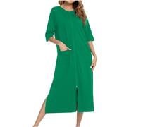 NSICBMNO Green Long Nighties For Women Zip Dressing Gowns Lightweight Bathrobes Summer Pyjamas Short Sleeve Nightdresses Nightgowns Soft Nighties Nightwear Housecoats Nightdresses With Pockets