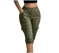 NSICBMNO Green Long Shorts for Women Cropped Cargo Trousers Knee Length Shorts Combat Pants Straight Leg Jogging Bottoms Elastic Waist Work Trousers Summer Capri Pants Cuffed Joggers with Pockets