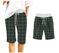 NSICBMNO Green Long Shorts for Women UK Plaid Pyjamas Bottoms Knee Length Leggings Straight Leg Lounge Pants Summer Capris Girls Hot Pants Casual Beach Loose Drawstring Checked Shorts with Pockets M