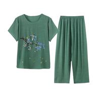 NSICBMNO Green Lounge Wear Sets For Women Uk Cropped Pyjamas Plus Size Floral Tops Capri Pants Summer Co Ord Sets Short Sleeve Blouses Round Neck T Shirts Elastic Waist Trousers Soft Pjs Sleepwear