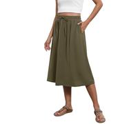 NSICBMNO Green Midi Skirts for Women UK - Pleated, Long, A Line, Elasticated Waist, Drawstring, Plain, Casual, Work, Beach, Summer Skirt with Pockets
