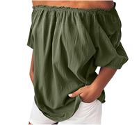 NSICBMNO Green Off The Shoulder Tops for Women Short Sleeve Blouses Plus Size Cotton Linen Casual Oversized Tunic Top Baggy T Shirts Ruched Summer Tops Loose Blouses for Going Out Y2K Holiday Beach