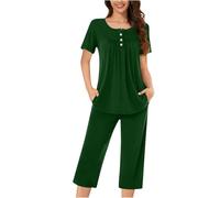 NSICBMNO Green Pjs For Women Sets Summer Co Ord Sets Two Piece Outfit Short Sleeve Tops Button T Shirts Wide Leg Trousers Capri Pants Loungewear 2 Piece Lounge Cropped Pyjamas Plus Size
