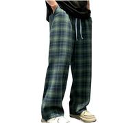 NSICBMNO Green Plaid Pyjama Bottoms Men Checkered Pj Bottoms Elasticated Waist Trousers Drawstring Long Wide Leg Lounge Pants Baggy Joggers Tartan Trousers Pj Pants With Pockets Nightwear Loungewear
