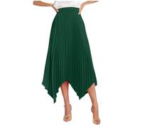 NSICBMNO Green Pleated Skirts for Women - Long, A Line, Satin, Elasticated Waist, Irregular Hem, Flared, Summer, Casual, Office, Work, Midi Skirts