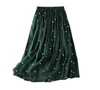NSICBMNO Green Summer Skirts for Women UK Midi Pleated Skirts Ladies Polka Dot A Line Elasticated Waist Cotton Linen Long Flared Flowy for Beach Loungewear