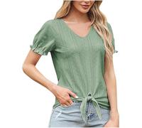 NSICBMNO Green Summer Tops for Women UK Ruffle Short Sleeve Blouse Eyelet Tops Tie Front Top V Neck Tshirt Oversized Baggy T Shirts Casual Tshirt Going Out Blouses for Holiday Beach Office Work