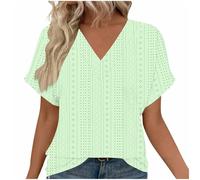 NSICBMNO Green Summer Tops for Women UK Short Sleeve Blouses Eyelet Embroidery Top V Neck Tshirt Over Sized T Shirts Boho Tunics Baggy Tshirts Casual Loose Blouses for Holiday Beach Office Work
