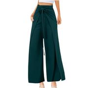 NSICBMNO Green Summer Trousers for Women UK Elegant Wide Leg Trouses Wrap Trousers Wide Leg Lounge Pants Split High Waisted Lace Up Flared Palazzo Pants Culottes Plus Size