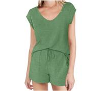 NSICBMNO Green Two Piece Outfit Women Loungewear Sets Short Sleeve Tops Running Shorts Co Ord Sets Oversized V Neck T Shirts Hot Pants Travel Outfit Airport Set Tracksuit For Beach Yoga Lounge Wear