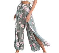 NSICBMNO Green Wide Leg Trousers for Women UK Floral Summer Trousers Side Split Beach Ladies High Waisted Lightweight Lounge Pants Loose Casual Culottes Palazzo