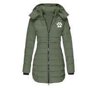 NSICBMNO Green Winter Coat for Women UK With Detachable Hood - Long Padded Puffer Jacket, Paw Print, Zip Up, Slim Fit, Down Quilted Cotton Coat - Plus Size
