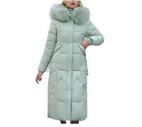 NSICBMNO Green Women's Puffer Jacket With Fur Hood - Long Winter Coat, Quilted Padded Parka, Plus Size Maxi Coat, Zip Up, Knee Length, Outdoor Down Ski Jacket